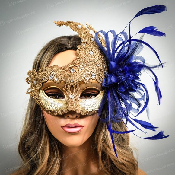 Blue feather masquerade mask mardi gras halloween - Picture 3 of 3